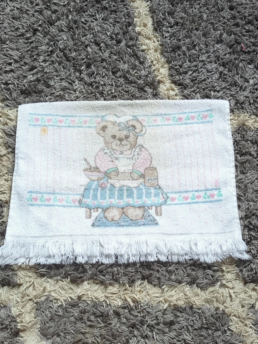 Cute Vintage Grannycore Teddy Bear Kitchen Towel Pink and Teal With Hearts